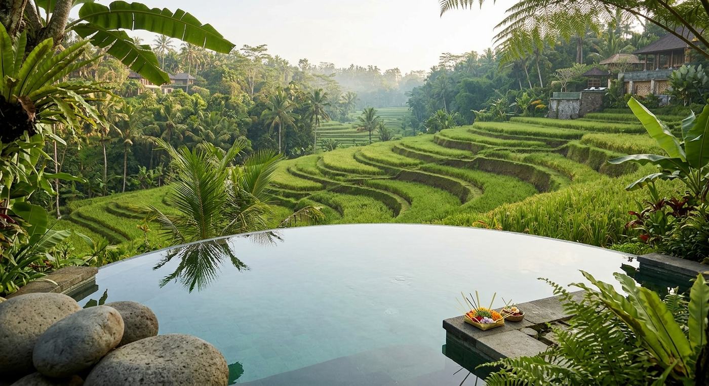 Infinity pool overlooking rice terraces in Bali